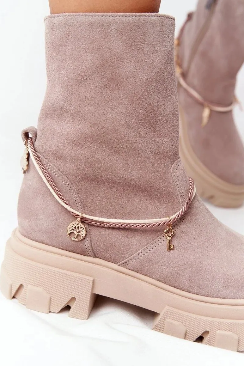 Hot Zamszowe Botki Workery Lewski Shoes 3006-0 Beżowe Damskie Botki Wiosenne|Brązowe I Beżowe Botki