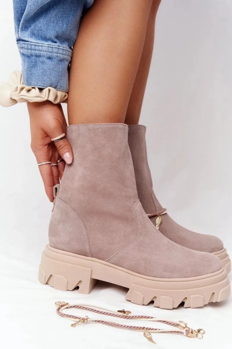 Hot Zamszowe Botki Workery Lewski Shoes 3006-0 Beżowe Damskie Botki Wiosenne|Brązowe I Beżowe Botki