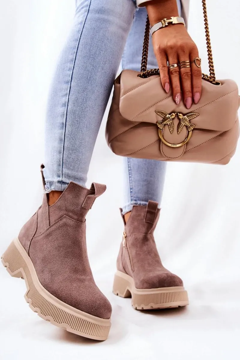 Botki Wiosenne|Brązowe I Beżowe Botki>Boto Zamszowe Botki Workery Lewski 3104/P Cappucino