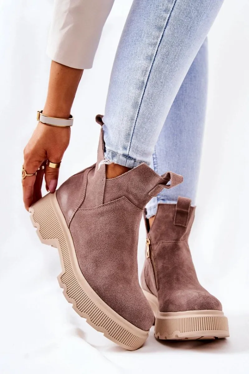 Botki Wiosenne|Brązowe I Beżowe Botki>Boto Zamszowe Botki Workery Lewski 3104/P Cappucino