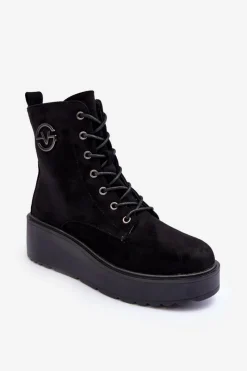 Sale Zamszowe Botki Workery Na Masywnej Platformie Koturnie Czarne Lavica Damskie Botki Na Koturnie|Czarne Botki