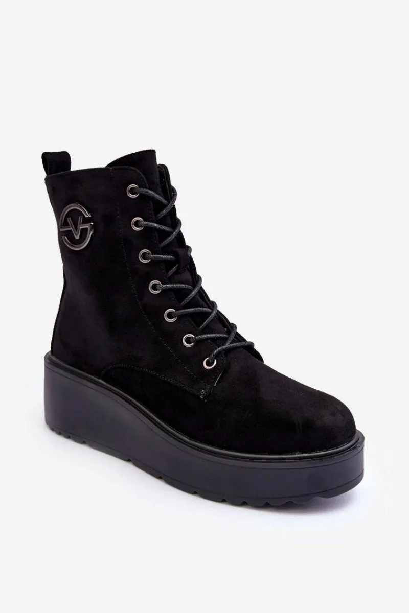 Sale Zamszowe Botki Workery Na Masywnej Platformie Koturnie Czarne Lavica Damskie Botki Na Koturnie|Czarne Botki