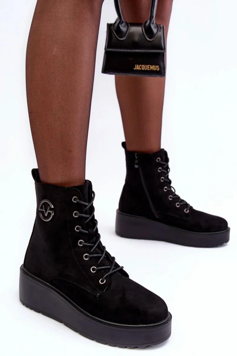 Sale Zamszowe Botki Workery Na Masywnej Platformie Koturnie Czarne Lavica Damskie Botki Na Koturnie|Czarne Botki