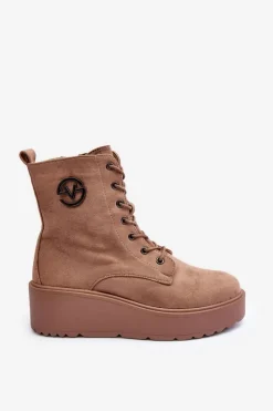 Sale Zamszowe Botki Workery Na Masywnej Platformie Koturnie Beżowe Lavica Damskie Botki Na Koturnie|Botki Ocieplane