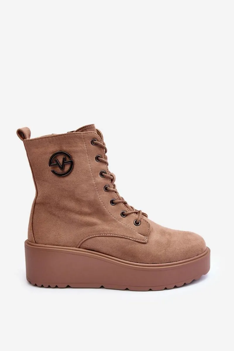 Sale Zamszowe Botki Workery Na Masywnej Platformie Koturnie Beżowe Lavica Damskie Botki Na Koturnie|Botki Ocieplane