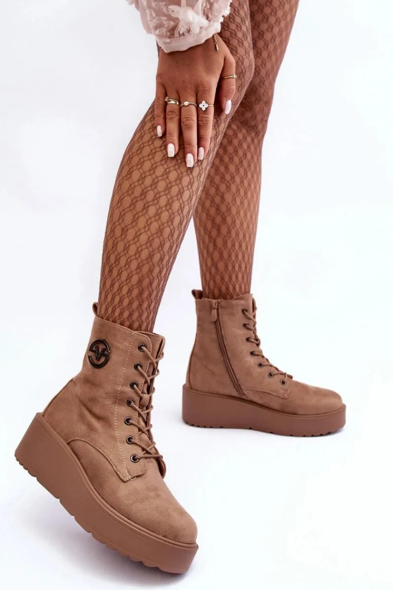 Sale Zamszowe Botki Workery Na Masywnej Platformie Koturnie Beżowe Lavica Damskie Botki Na Koturnie|Botki Ocieplane