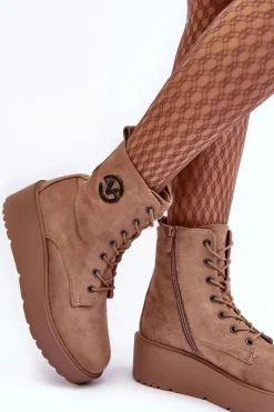 Sale Zamszowe Botki Workery Na Masywnej Platformie Koturnie Beżowe Lavica Damskie Botki Na Koturnie|Botki Ocieplane