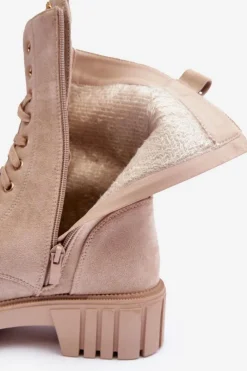 Outlet Zamszowe Botki Workery Z Biżuteryjną Ozdobą Beżowe Marx Damskie Botki Ocieplane|Botki Sznurowane