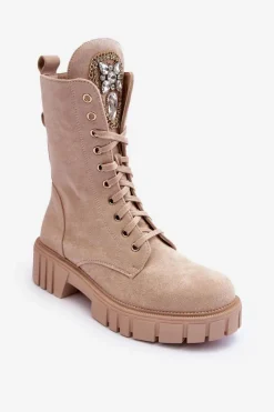 Outlet Zamszowe Botki Workery Z Biżuteryjną Ozdobą Beżowe Marx Damskie Botki Ocieplane|Botki Sznurowane