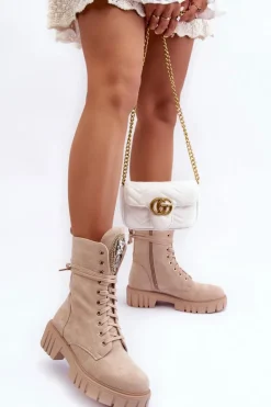 Outlet Zamszowe Botki Workery Z Biżuteryjną Ozdobą Beżowe Marx Damskie Botki Ocieplane|Botki Sznurowane