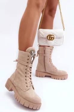 Outlet Zamszowe Botki Workery Z Biżuteryjną Ozdobą Beżowe Marx Damskie Botki Ocieplane|Botki Sznurowane