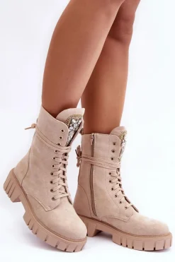 Outlet Zamszowe Botki Workery Z Biżuteryjną Ozdobą Beżowe Marx Damskie Botki Ocieplane|Botki Sznurowane