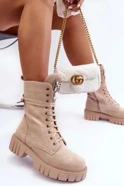 Outlet Zamszowe Botki Workery Z Biżuteryjną Ozdobą Beżowe Marx Damskie Botki Ocieplane|Botki Sznurowane