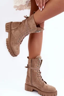 Botki Ocieplane|Botki Sznurowane>Boto Zamszowe Botki Workery Z Biżuteryjną Ozdobą Ciemnobeżowe Marx Beżowy