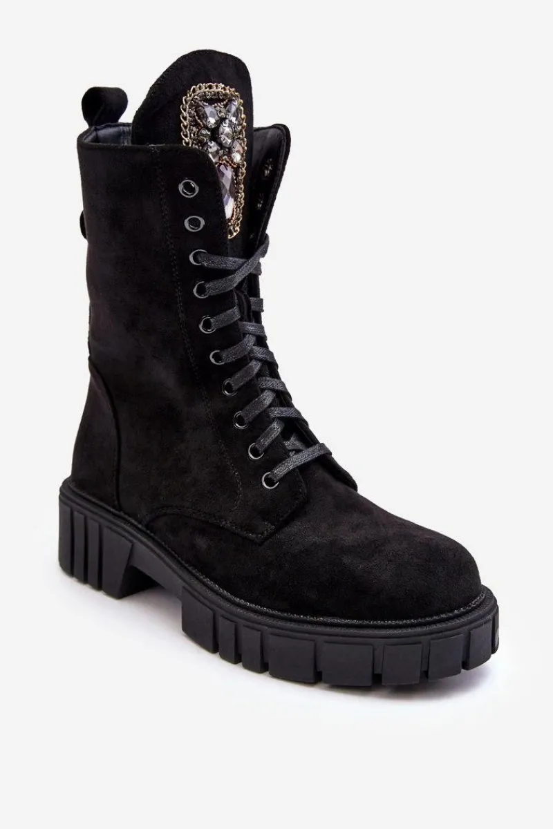 Sale Boto Zamszowe Botki Workery Z Biżuteryjną Ozdobą Czarne Marx Czarny