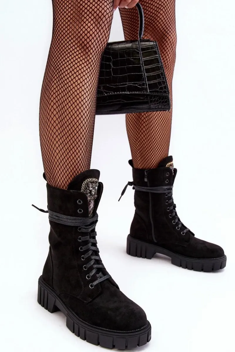 Sale Boto Zamszowe Botki Workery Z Biżuteryjną Ozdobą Czarne Marx Czarny