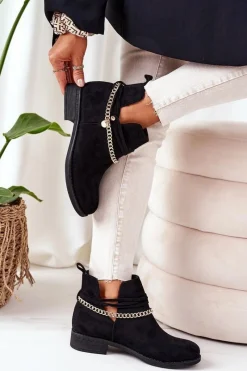 Outlet Zamszowe Botki Z Łańcuszkiem Czarne Elvira Damskie Czarne Botki|Botki Zamszowe