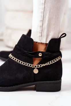 Outlet Zamszowe Botki Z Łańcuszkiem Czarne Elvira Damskie Czarne Botki|Botki Zamszowe
