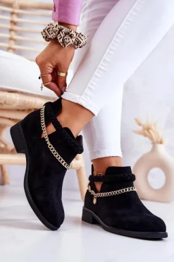Discount Boto Zamszowe Botki Z Łańcuszkiem Czarne Talitha