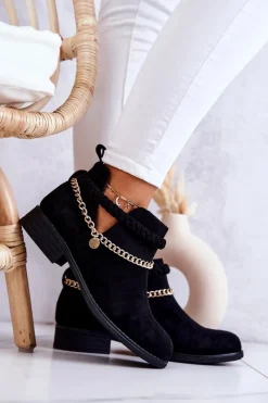 Discount Boto Zamszowe Botki Z Łańcuszkiem Czarne Talitha