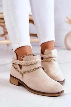Best Zamszowe Botki Z Łańcuszkiem Beżowe Talitha Damskie Botki Wiosenne|Czarne Botki