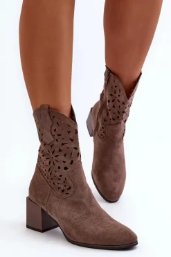 New Boto Zamszowe Botki Z Ażurową Cholewką Na Klocku Brązowe Irvelame