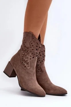 New Boto Zamszowe Botki Z Ażurową Cholewką Na Klocku Brązowe Irvelame