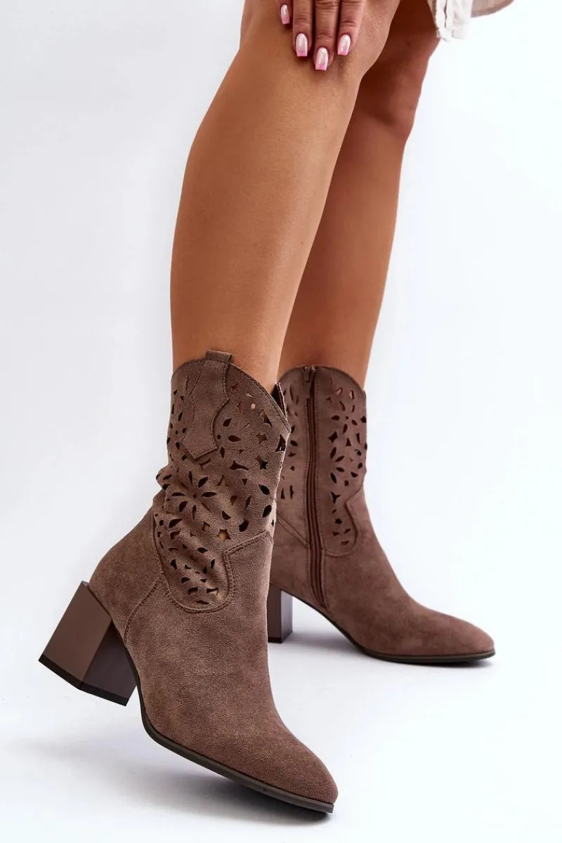 New Boto Zamszowe Botki Z Ażurową Cholewką Na Klocku Brązowe Irvelame