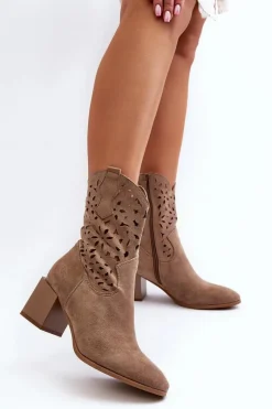 New Zamszowe Botki Z Ażurową Cholewką Na Klocku Ciemnobeżowe Irvelame Damskie Botki Wiosenne|Botki Ażurowe