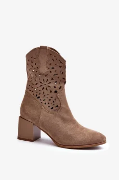 New Zamszowe Botki Z Ażurową Cholewką Na Klocku Ciemnobeżowe Irvelame Damskie Botki Wiosenne|Botki Ażurowe