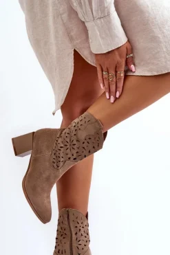 New Zamszowe Botki Z Ażurową Cholewką Na Klocku Ciemnobeżowe Irvelame Damskie Botki Wiosenne|Botki Ażurowe