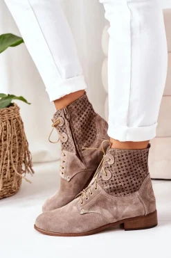 Online Zamszowe Botki Z Ażurowym Wzorem Cappuccino Josie Damskie Botki Wiosenne|Botki Sznurowane