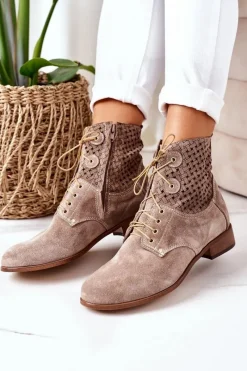 Online Zamszowe Botki Z Ażurowym Wzorem Cappuccino Josie Damskie Botki Wiosenne|Botki Sznurowane
