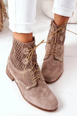 Online Zamszowe Botki Z Ażurowym Wzorem Cappuccino Josie Damskie Botki Wiosenne|Botki Sznurowane