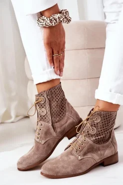 Online Zamszowe Botki Z Ażurowym Wzorem Cappuccino Josie Damskie Botki Wiosenne|Botki Sznurowane
