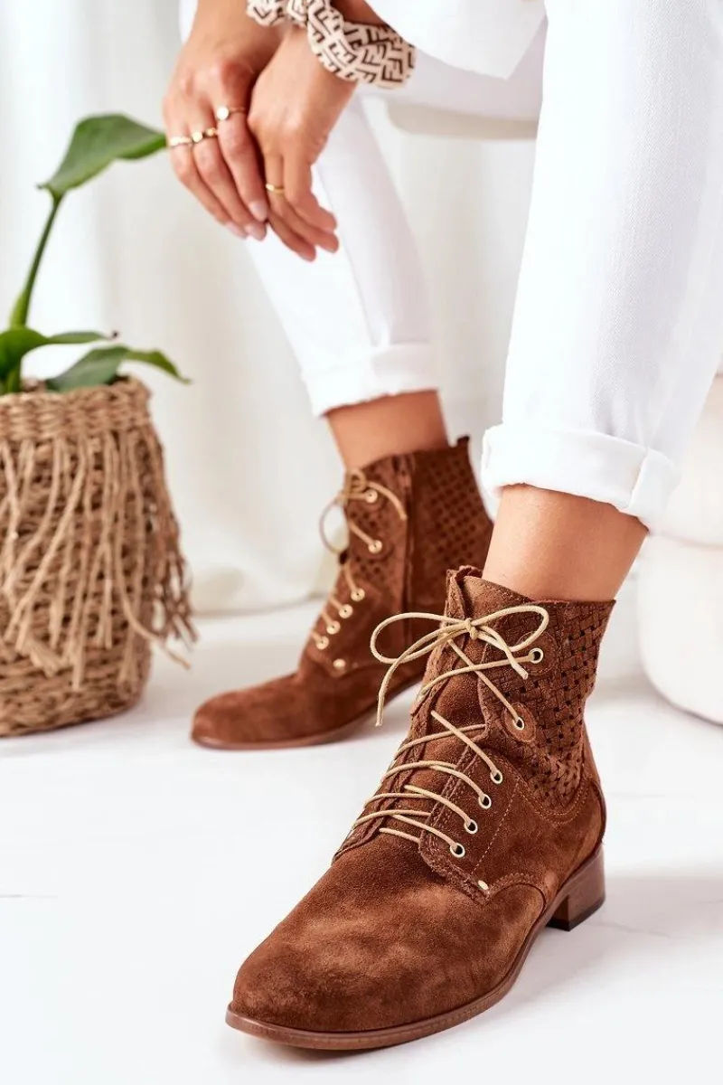 Botki Wiosenne|Botki Sznurowane>Boto Zamszowe Botki Z Ażurowym Wzorem Brązowe Josie