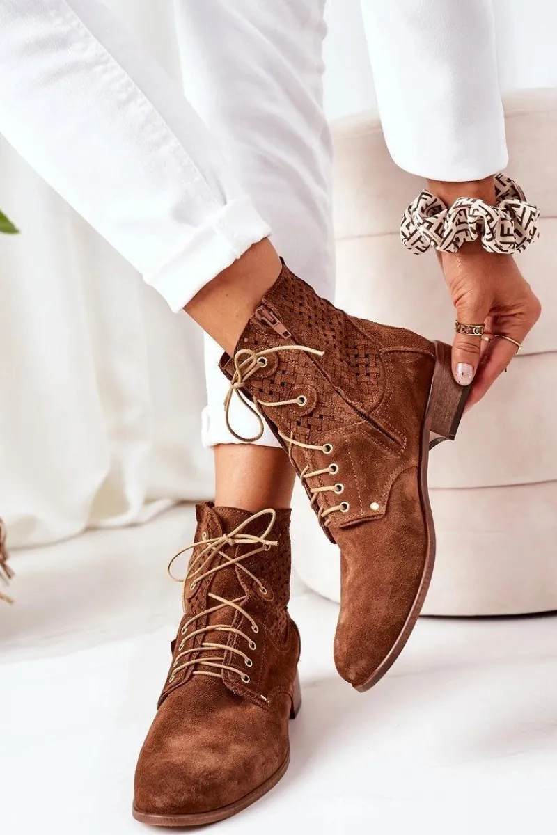 Botki Wiosenne|Botki Sznurowane>Boto Zamszowe Botki Z Ażurowym Wzorem Brązowe Josie