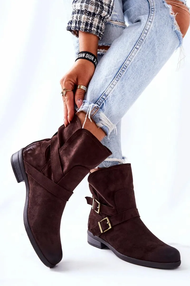 New Boto Zamszowe Botki Z Klamrami Brązowe Renisse