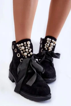 Sale Zamszowe Botki Z Perełkami I Wstążką Czarne Perla Damskie Botki Sznurowane|Czarne Botki