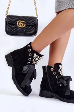 Sale Zamszowe Botki Z Perełkami I Wstążką Czarne Perla Damskie Botki Sznurowane|Czarne Botki