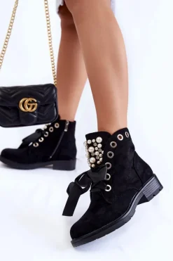 Sale Zamszowe Botki Z Perełkami I Wstążką Czarne Perla Damskie Botki Sznurowane|Czarne Botki
