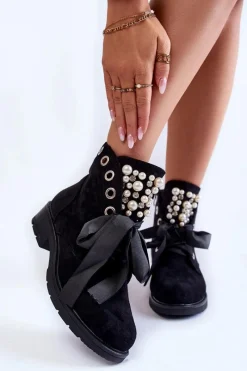 Sale Zamszowe Botki Z Perełkami I Wstążką Czarne Perla Damskie Botki Sznurowane|Czarne Botki