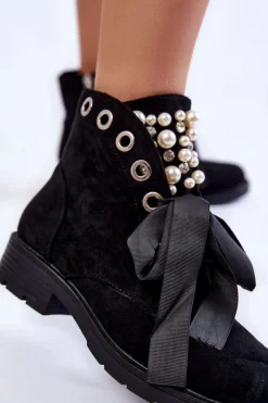 Sale Zamszowe Botki Z Perełkami I Wstążką Czarne Perla Damskie Botki Sznurowane|Czarne Botki