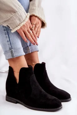 Outlet Damskie buty S.Barski Zamszowe Botki Z Wycięciami Na Płaskim Obcasie Czarne Henriette