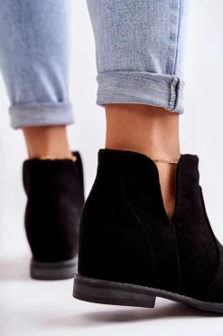 Outlet Damskie buty S.Barski Zamszowe Botki Z Wycięciami Na Płaskim Obcasie Czarne Henriette