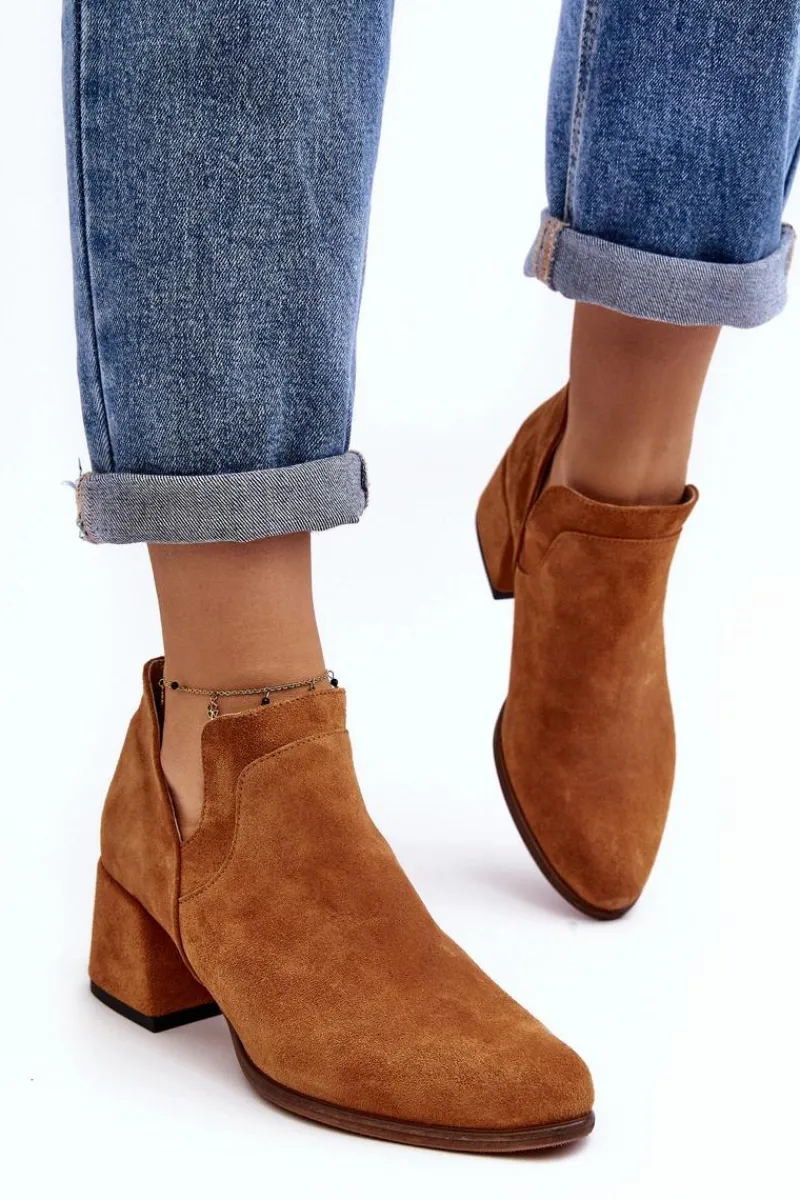 Sale Zamszowe Botki Z Wycięciami Na Obcasie Camel Dalros Damskie Botki Wiosenne|Botki Skórzane