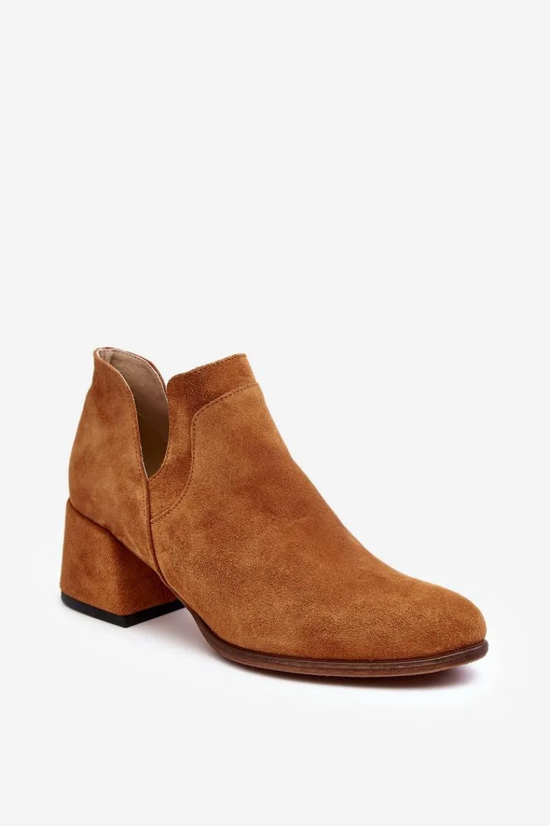 Sale Zamszowe Botki Z Wycięciami Na Obcasie Camel Dalros Damskie Botki Wiosenne|Botki Skórzane