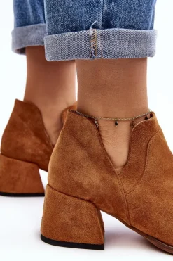 Sale Zamszowe Botki Z Wycięciami Na Obcasie Camel Dalros Damskie Botki Wiosenne|Botki Skórzane