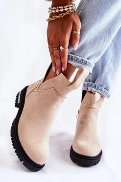 Outlet Zamszowe Botki Z Wycięciami Beżowe Elvera Damskie Botki Zimowe Damskie|Brązowe I Beżowe Botki