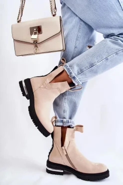 Outlet Zamszowe Botki Z Wycięciami Beżowe Elvera Damskie Botki Zimowe Damskie|Brązowe I Beżowe Botki